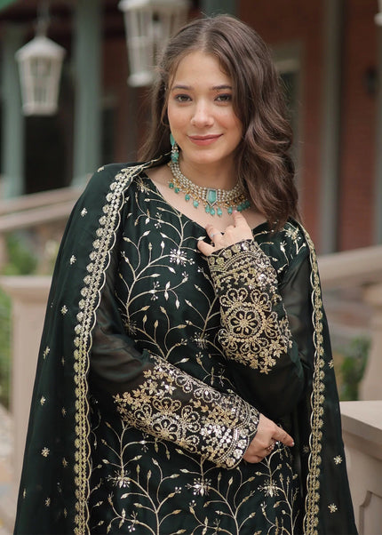 Dark Green Embroidered Sharara Suit