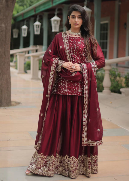 Maroon Embroidered Sharara Suit