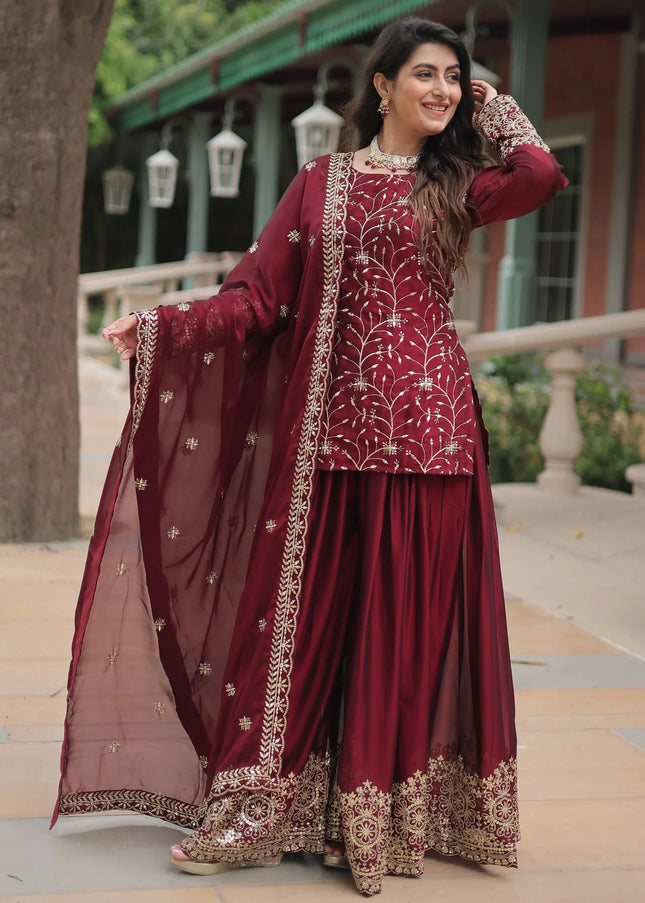 Maroon Embroidered Sharara Suit