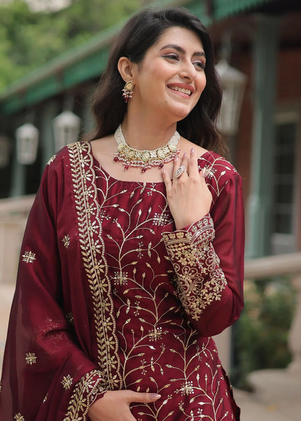 Maroon Embroidered Sharara Suit