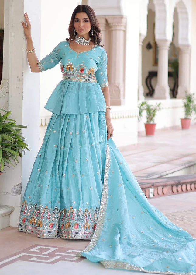 Sky Blue Embroidered Lehenga Suit