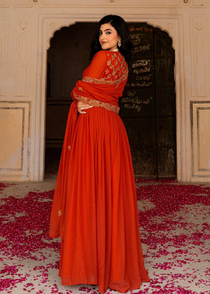 Orange Embroidered Anarkali Gown