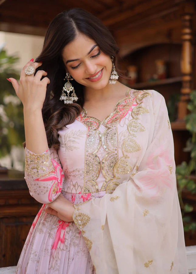Pink Printed and Embroidered Anarkali Gown