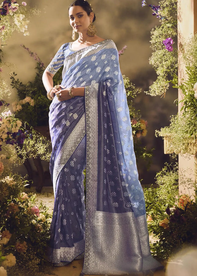 Blue and Grey Embroidered Wedding Saree