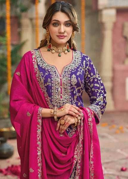 Violet and Pink Embroidered Pant Style Suit