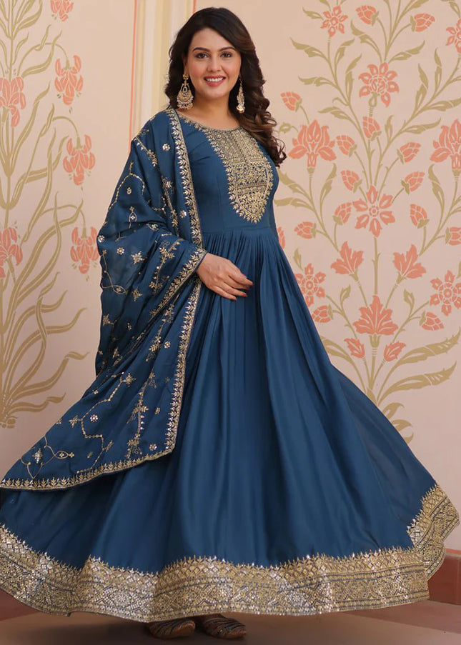 Teal Embroidered Anarkali Gown