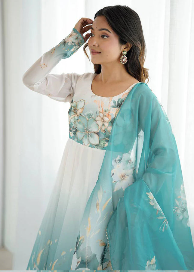 Offwhite and Aqua Floral Printed Anarkali Suit