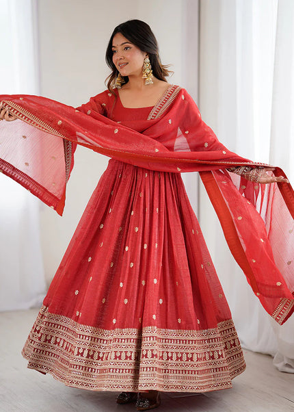 Rust Embroidered Anarkali Gown