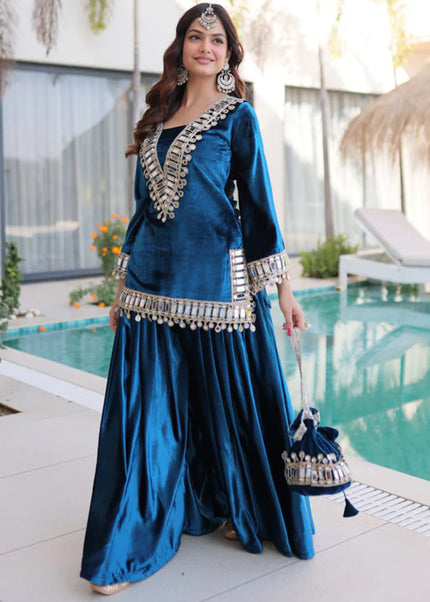 Velvet Embroidered Sharara Suit