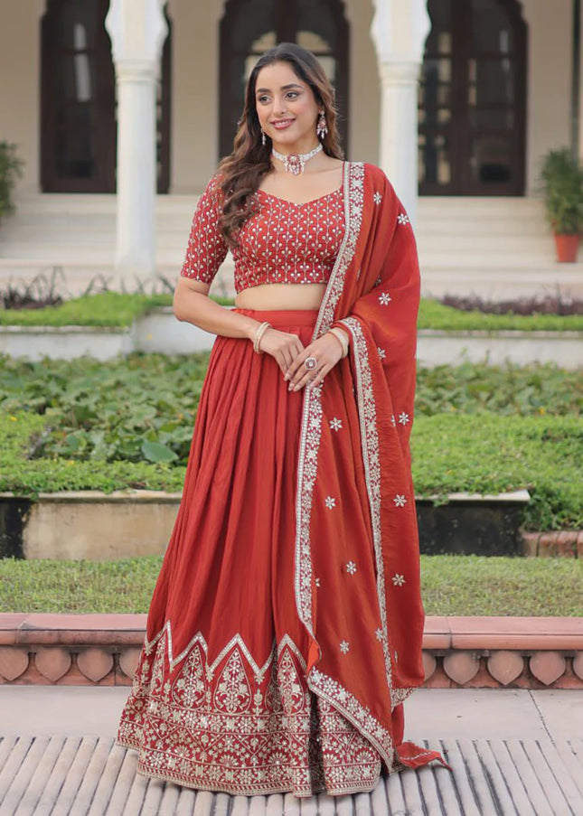 Rust Embroidered Lehenga choli