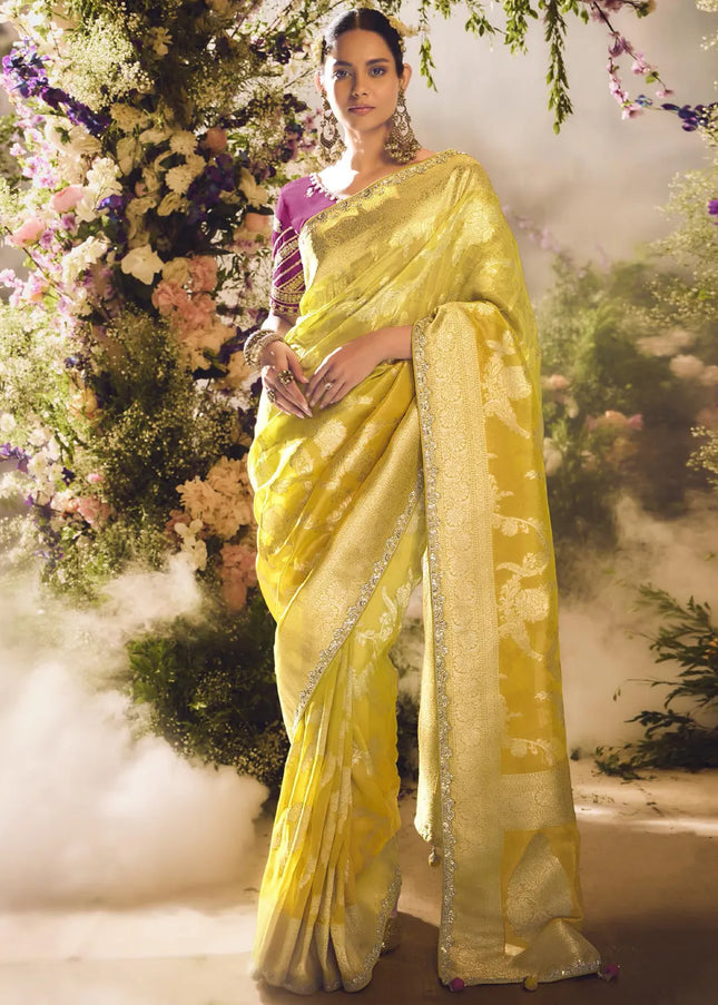 Pink and Yellow Embroidered Wedding Saree