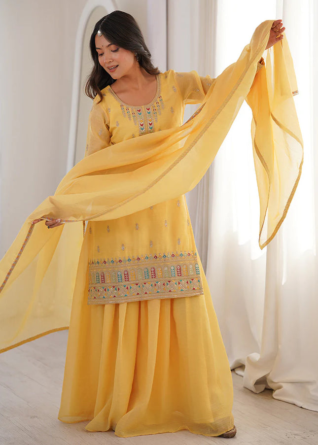 Yellow Embroidered Sharara Suit
