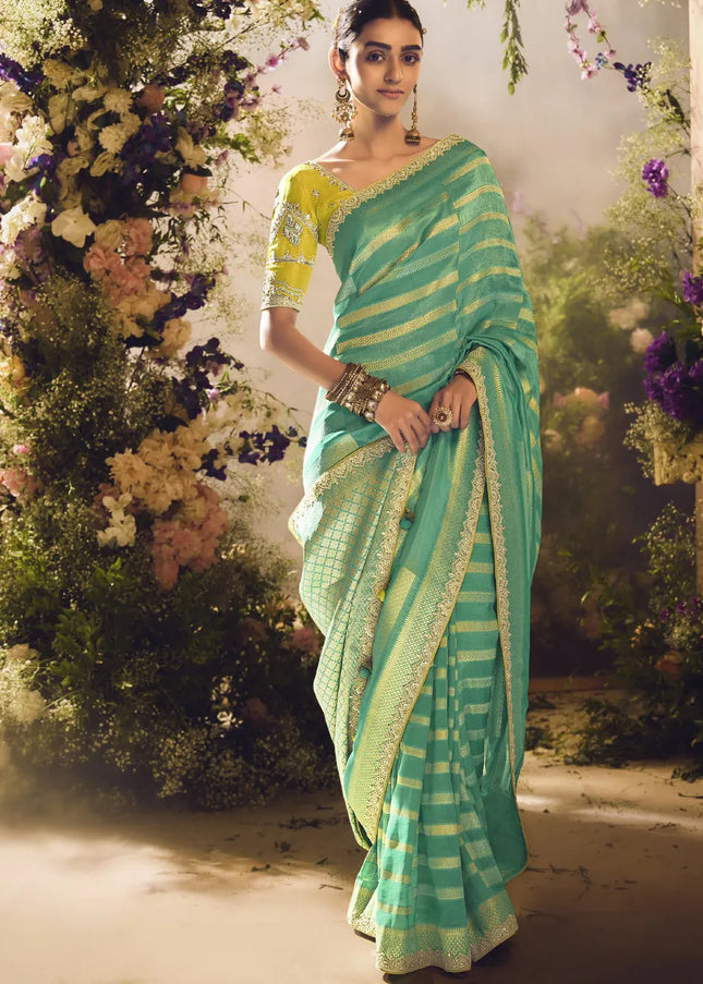 Mustard and Sky Blue Embroidered Wedding Saree