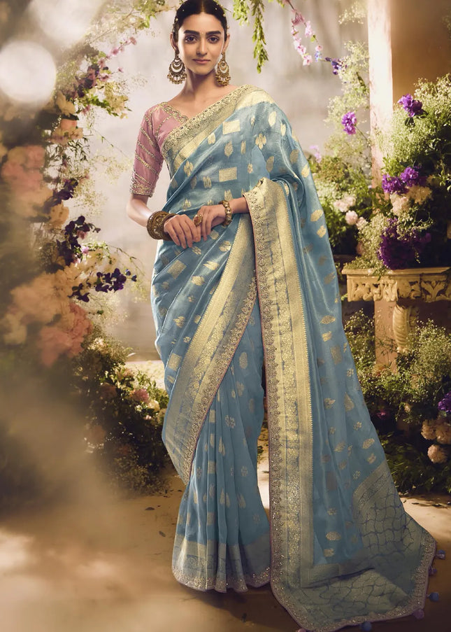 Pink and Sky Blue Embroidered Wedding Saree