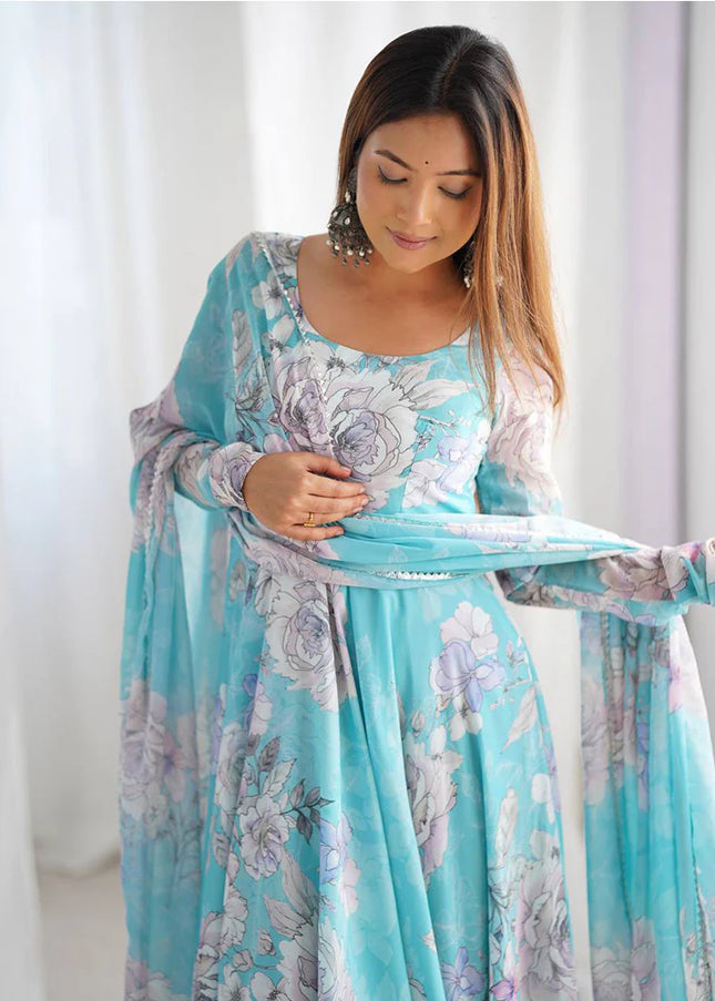 Sky Blue Floral Printed Anarkali Gown