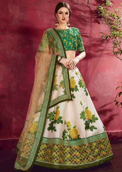 Off White and Green Floral Printed and Embroidered Lehenga Choli