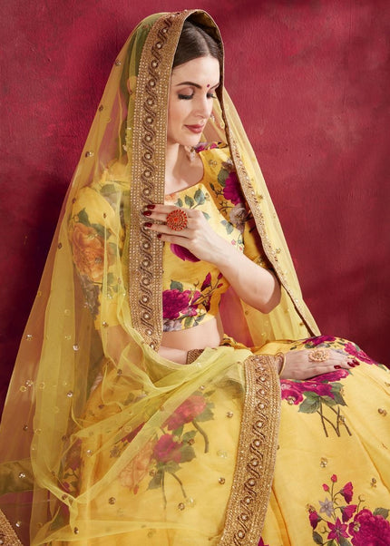 Yellow Floral Printed and Embroidered Lehenga Choli