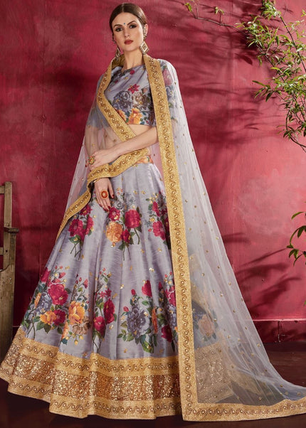 Grey Floral Printed and Embroidered Lehenga Choli