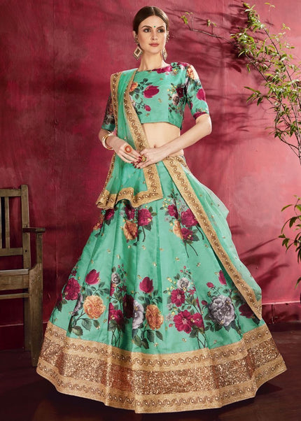 Green Floral Printed and Embroidered Lehenga Choli