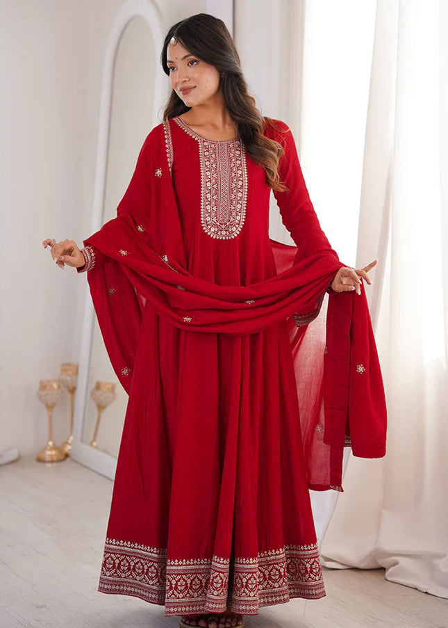 Dark Red Embroidered Anarkali Gown