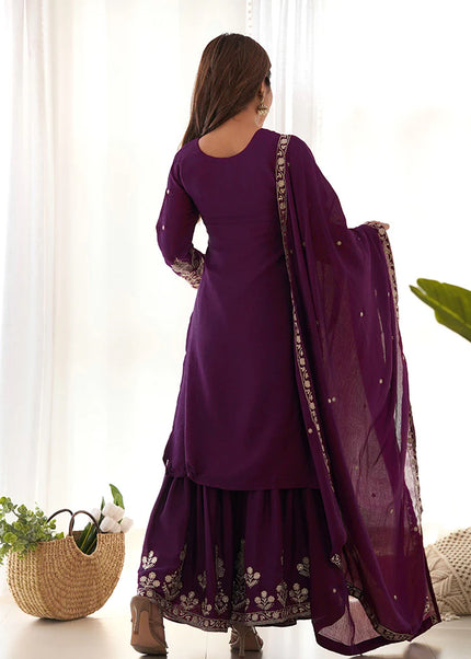 Purple Embroidered Sharara Suit