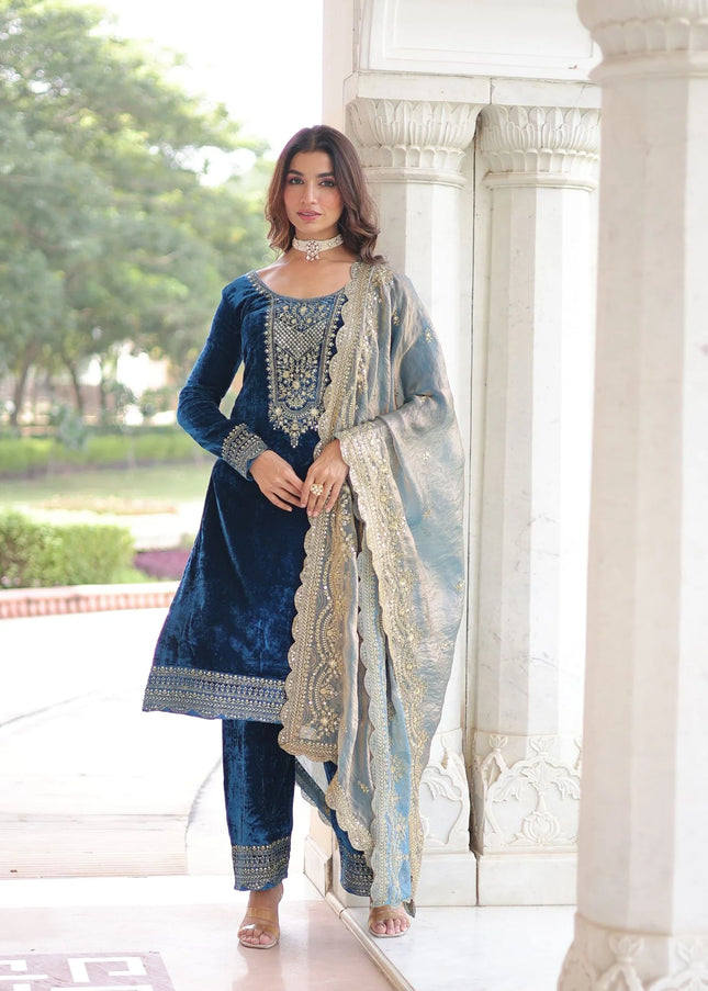 Blue Embroidered Pant Style Suit
