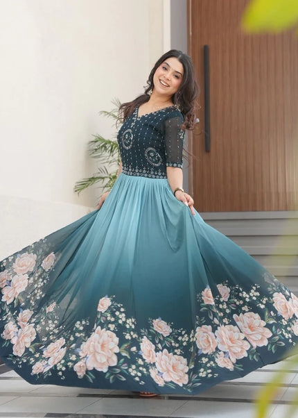 Sky Blue and Black Printed and Embroidered Anarkali Gown