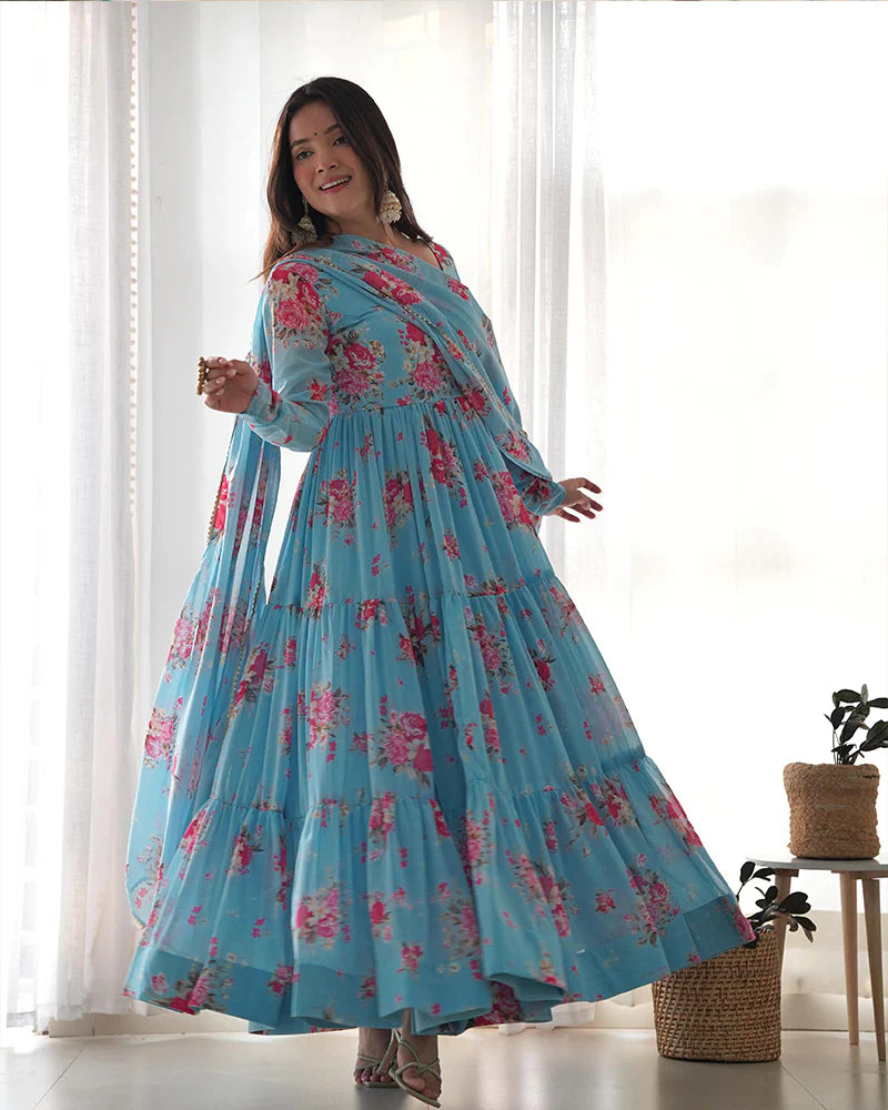 Sky Blue Georgette Flared Anarkali Suit FALAKENOOR Sky Blue Georgette Flared Anarkali Suit FALAKENOOR