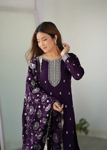 Purple Embroidered Pant Style Suit