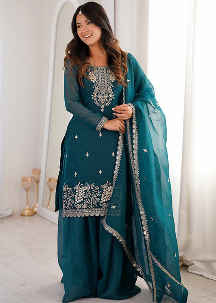 Teal Embroidered Sharara Suit