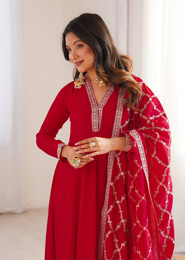 Red Embroidered Anarkali Gown