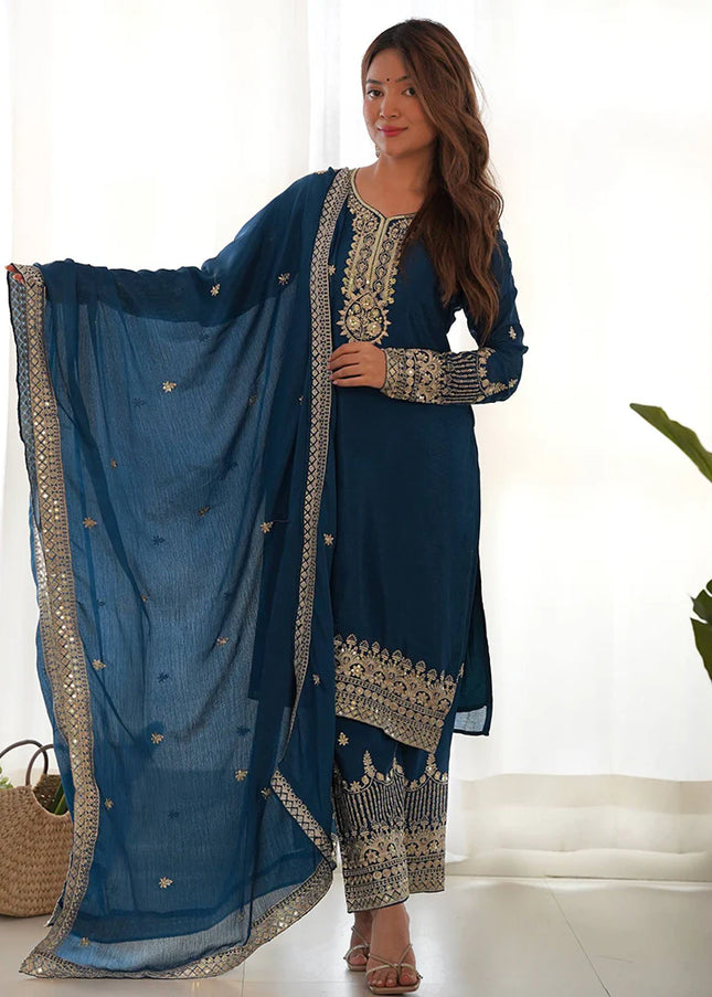 Teal Embroidered Pant Style Suit