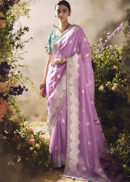 Sea Green and Lavender Embroidered Wedding Saree