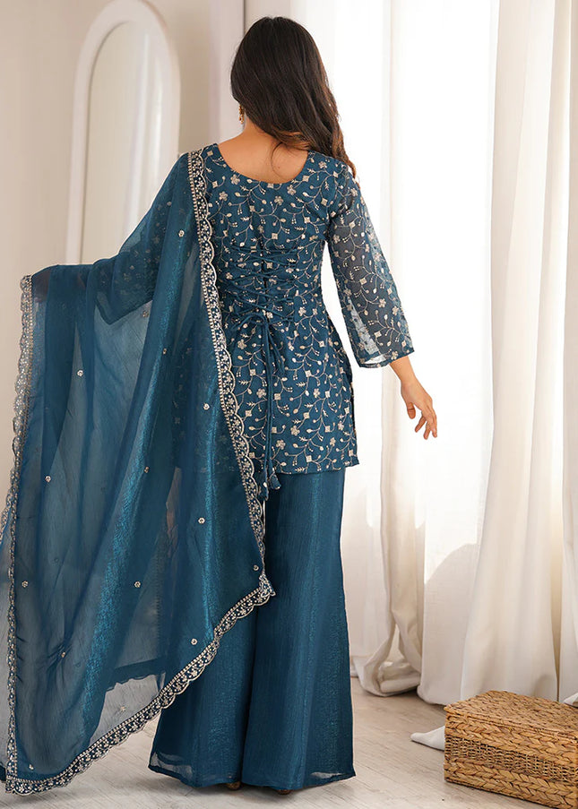Teal Embroidered Palazzo Suit