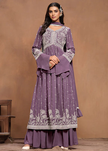 Purple Embroidered Palazzo Suit