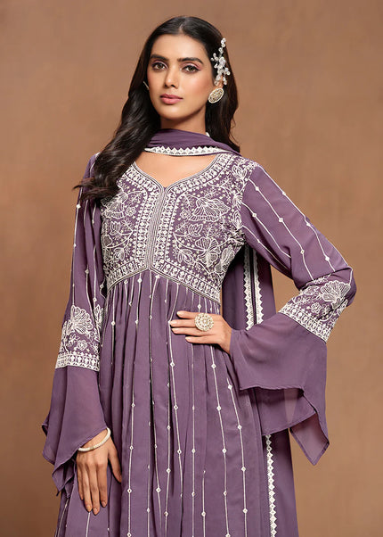 Purple Embroidered Palazzo Suit