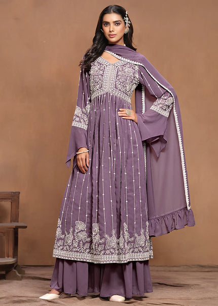 Purple Embroidered Palazzo Suit