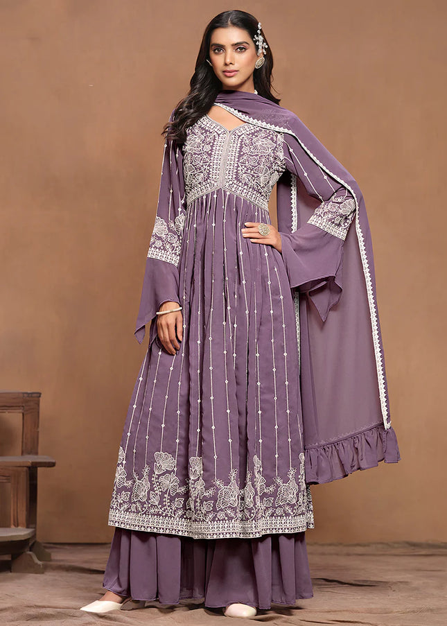 Purple Embroidered Palazzo Suit