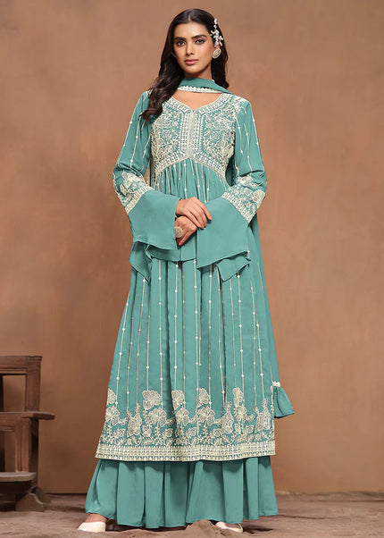 Sky Blue Embroidered Palazzo Suit