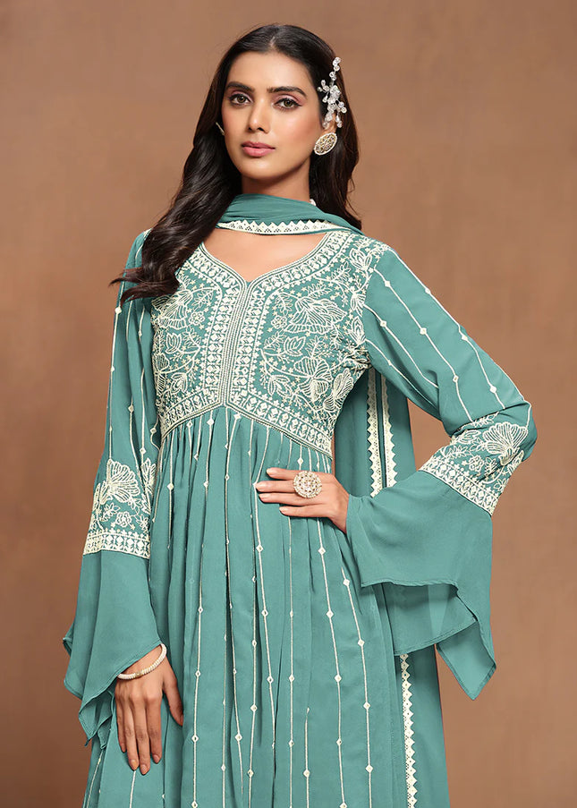 Sky Blue Embroidered Palazzo Suit