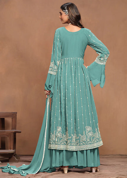 Sky Blue Embroidered Palazzo Suit