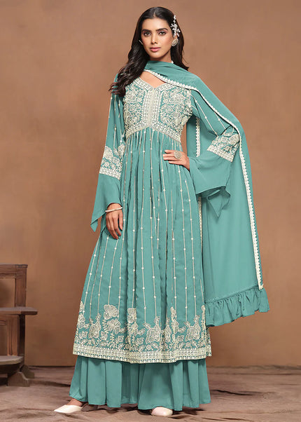 Sky Blue Embroidered Palazzo Suit