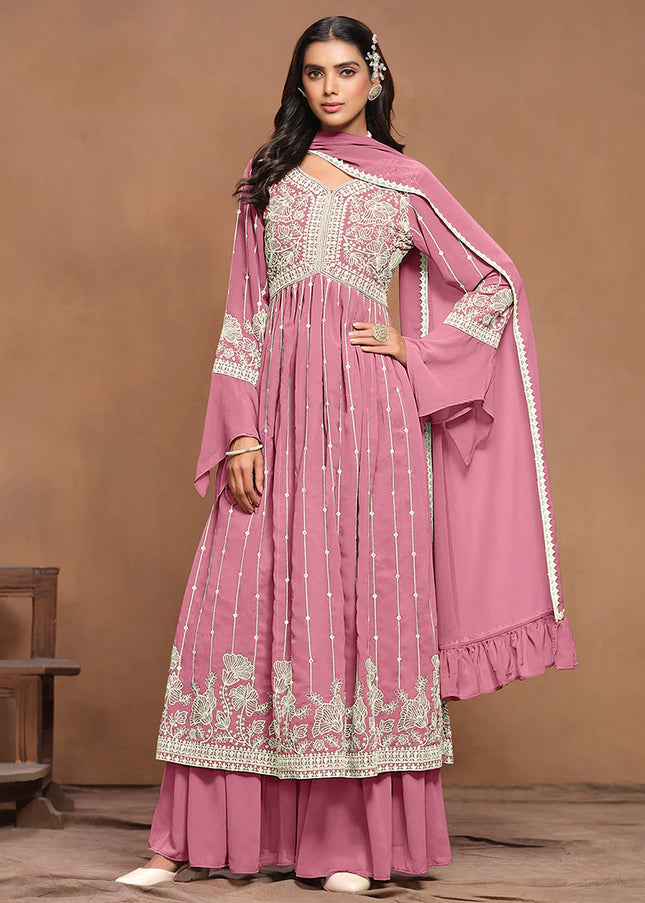 Pink Embroidered Palazzo Suit