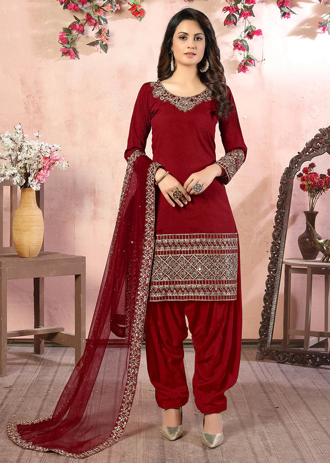 Red Mirror Embroidered Punjabi Suit