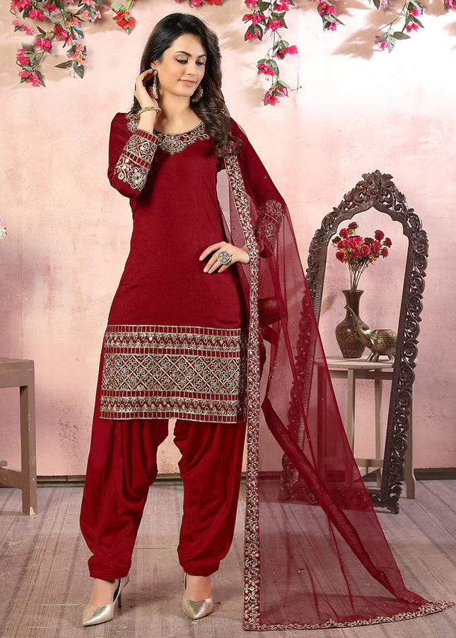 Red Mirror Embroidered Punjabi Suit