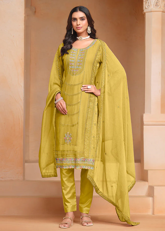 Yellow Embroidered Pant Style Suit