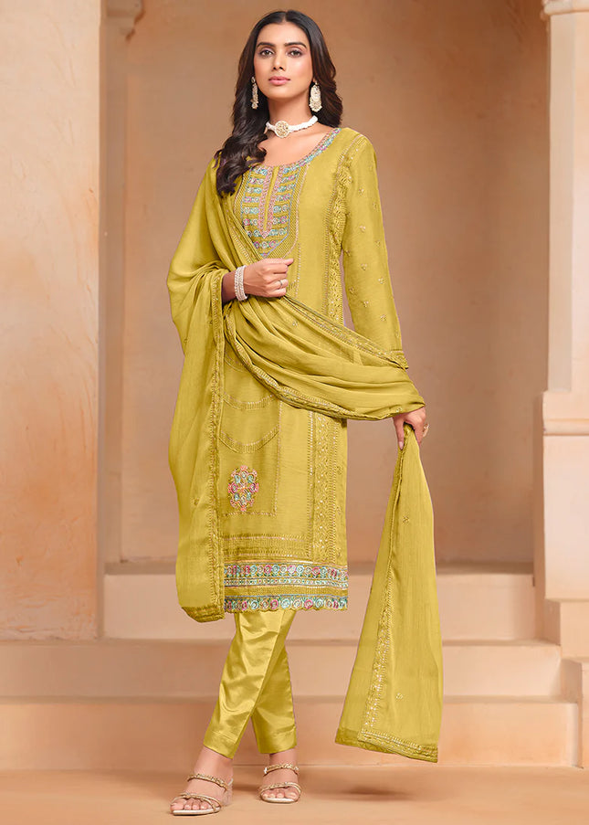 Yellow Embroidered Pant Style Suit