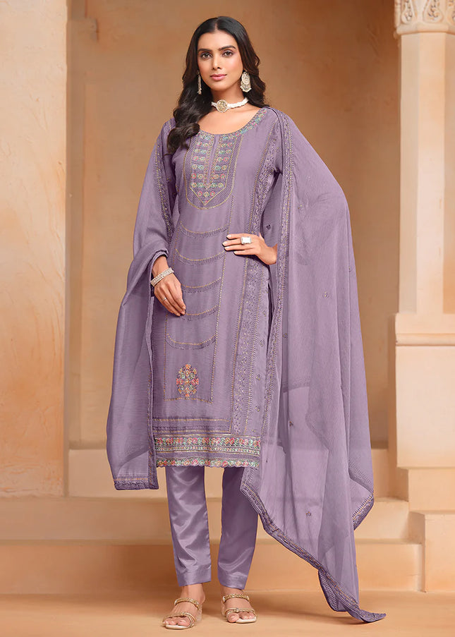 Lavender Embroidered Pant Style Suit