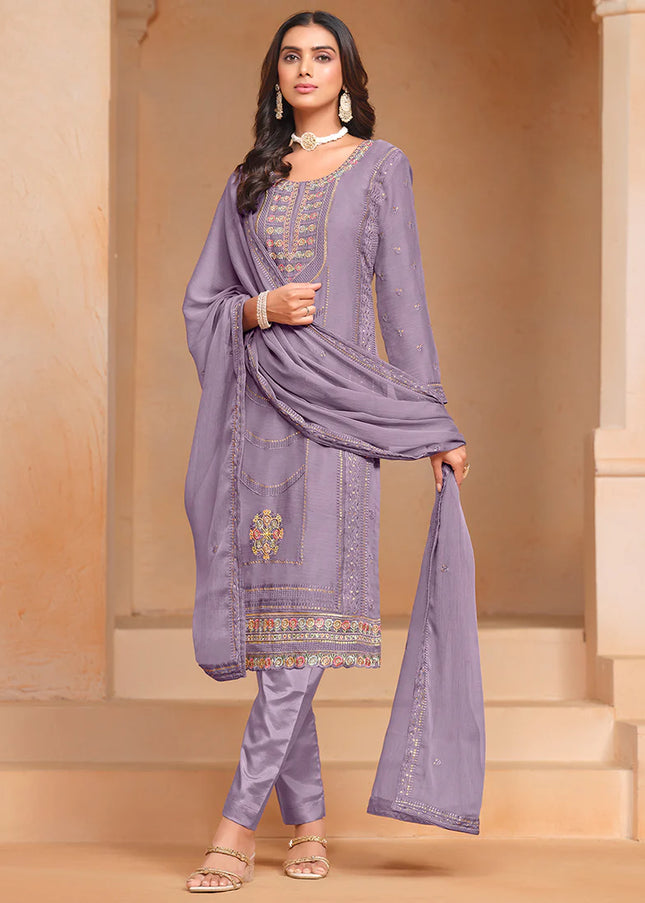 Lavender Embroidered Pant Style Suit