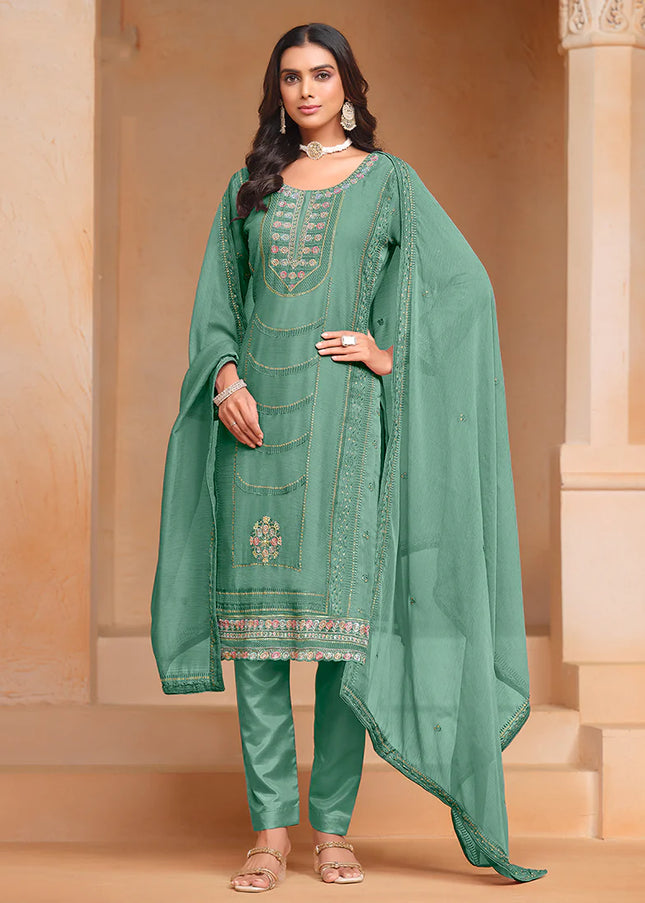 Sea Green Embroidered Pant Style Suit